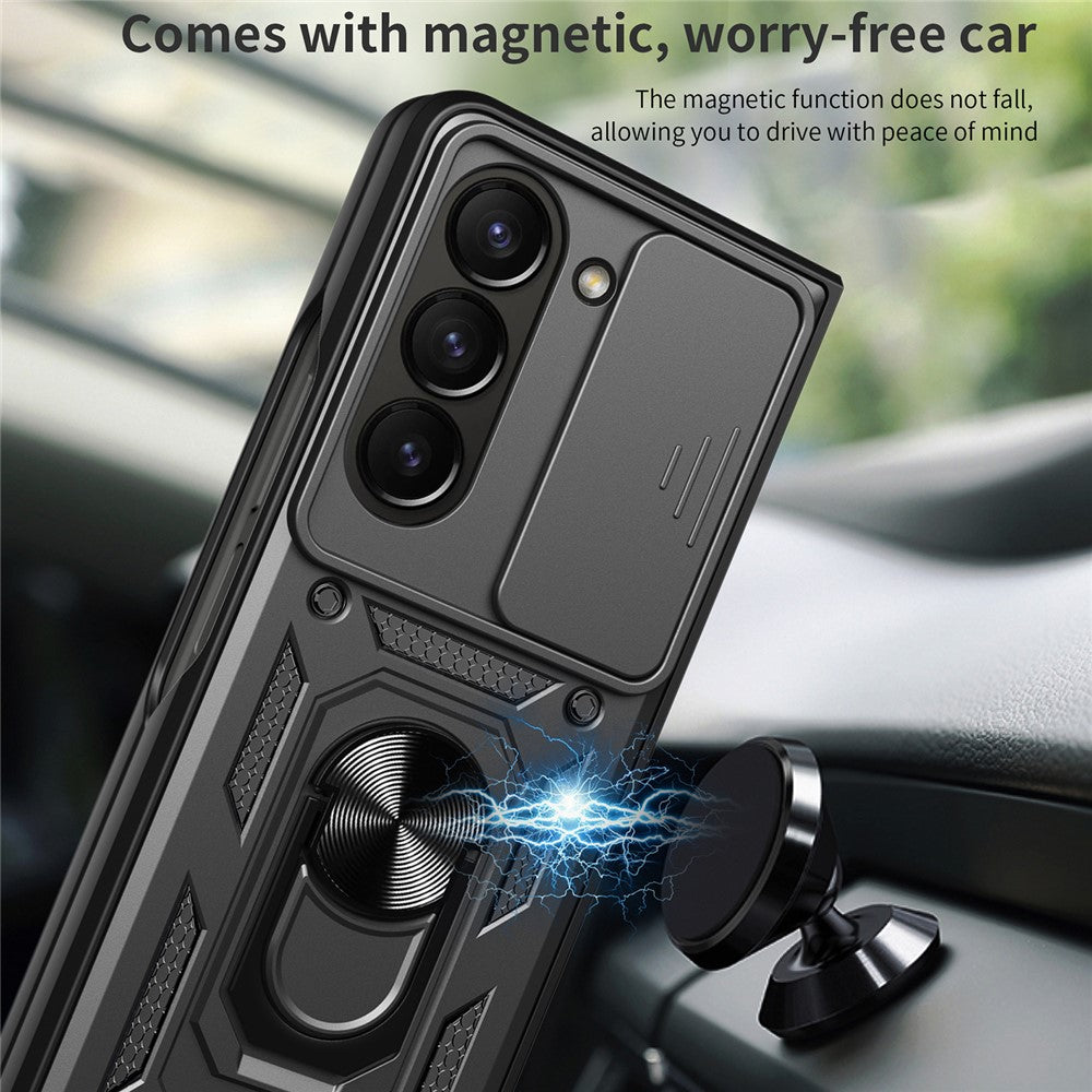 For Samsung Galaxy Z Fold5 5G Kickstand Phone Cover PC+TPU Case with Slide Lens Protector