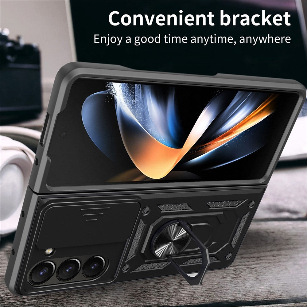 For Samsung Galaxy Z Fold5 5G Kickstand Phone Cover PC+TPU Case with Slide Lens Protector