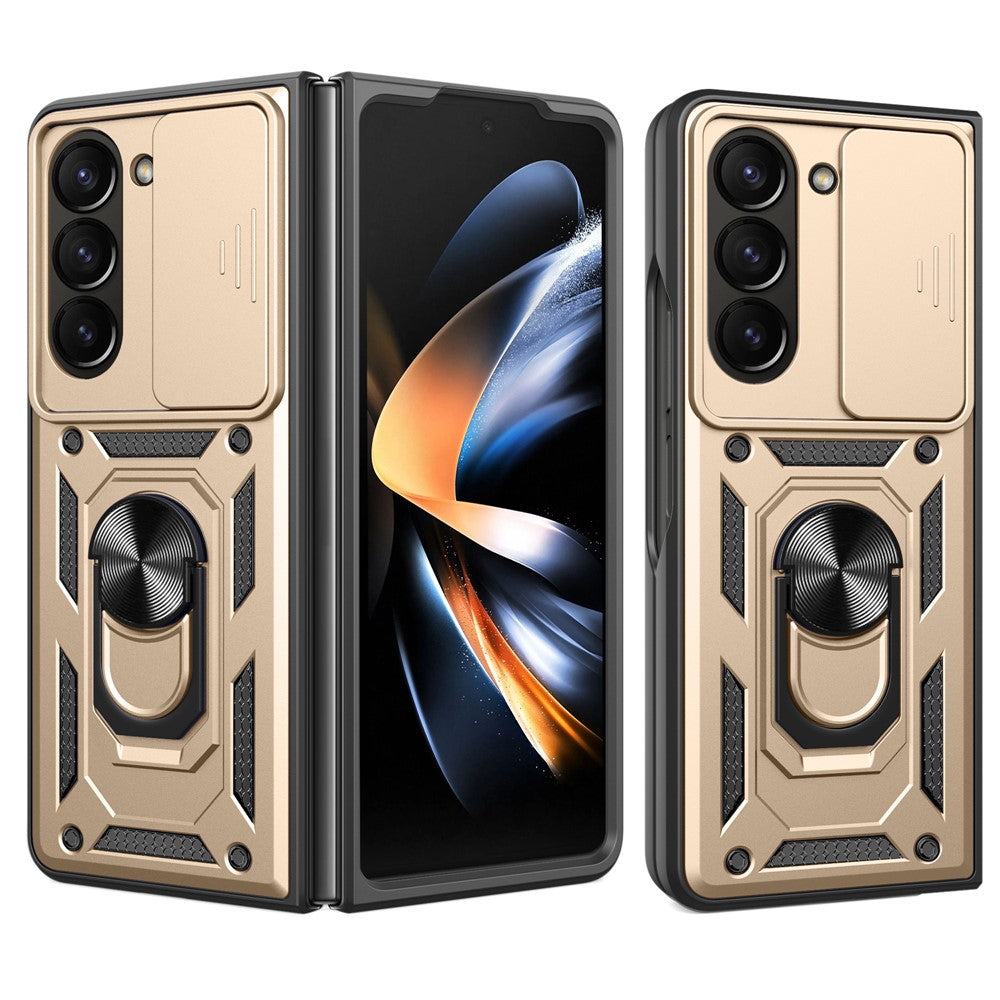 For Samsung Galaxy Z Fold5 5G Kickstand Phone Cover PC+TPU Case with Slide Lens Protector