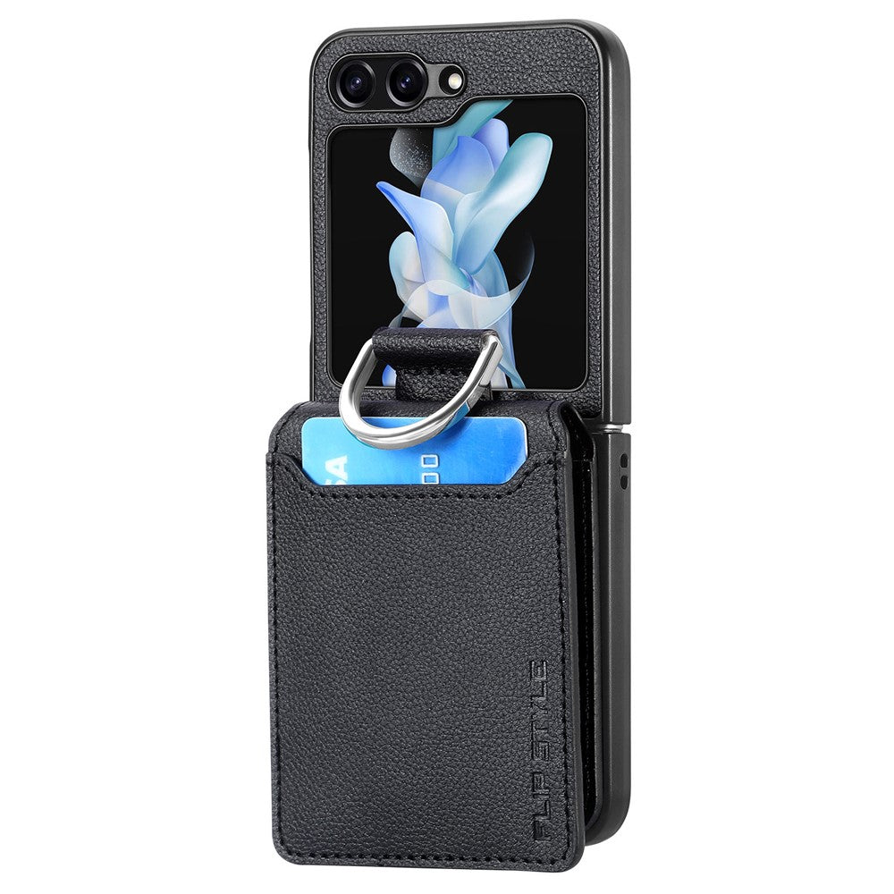 For Samsung Galaxy Z Flip5 5G Litchi Texture PU Leather+PC Phone Case Card Slot Kickstand Cover with Finger Ring