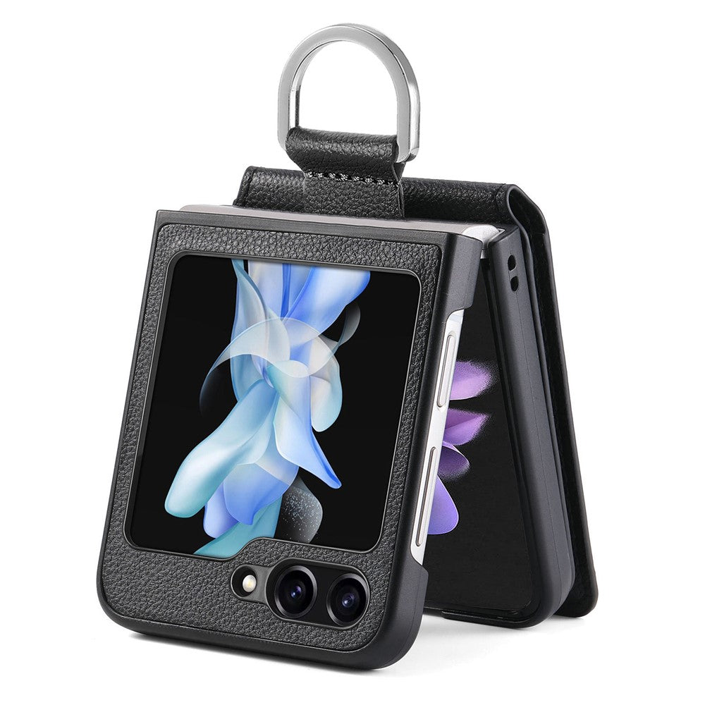 For Samsung Galaxy Z Flip5 5G Litchi Texture PU Leather+PC Phone Case Card Slot Kickstand Cover with Finger Ring