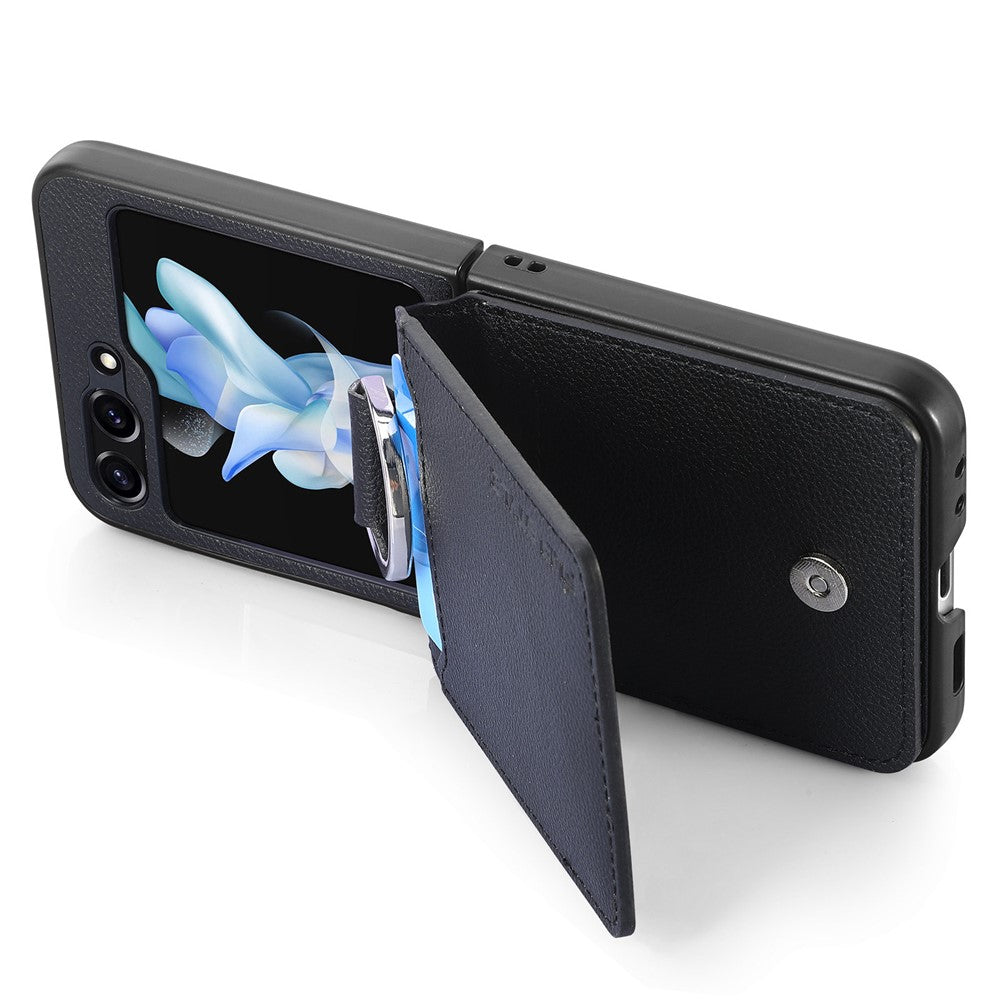 For Samsung Galaxy Z Flip5 5G Litchi Texture PU Leather+PC Phone Case Card Slot Kickstand Cover with Finger Ring
