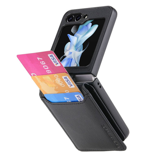 Galaxy Z Flip5 5G – Magnetische Handyhülle aus Kunststoff und PU-Leder, mit Ständer, mit Kartenfach, mit Ringhalter