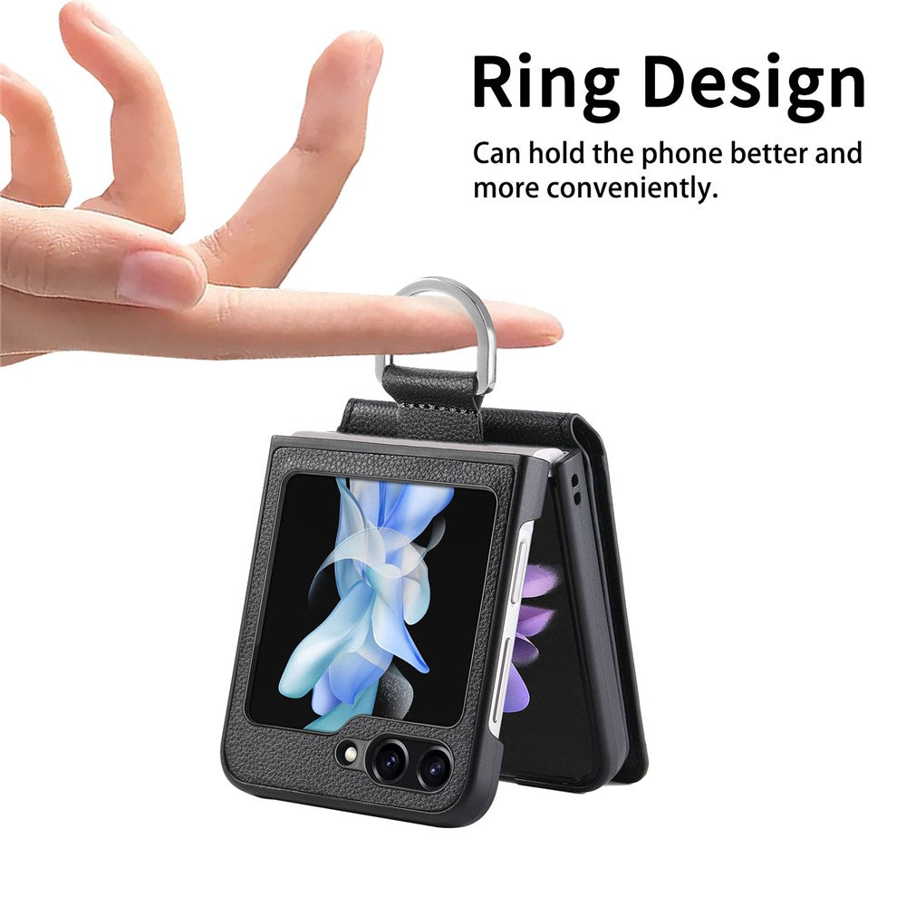 For Samsung Galaxy Z Flip5 5G Litchi Texture PU Leather+PC Phone Case Card Slot Kickstand Cover with Finger Ring