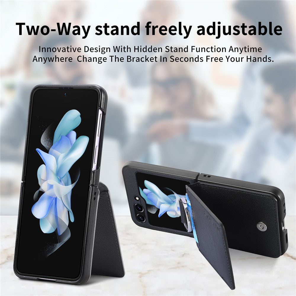 For Samsung Galaxy Z Flip5 5G Litchi Texture PU Leather+PC Phone Case Card Slot Kickstand Cover with Finger Ring