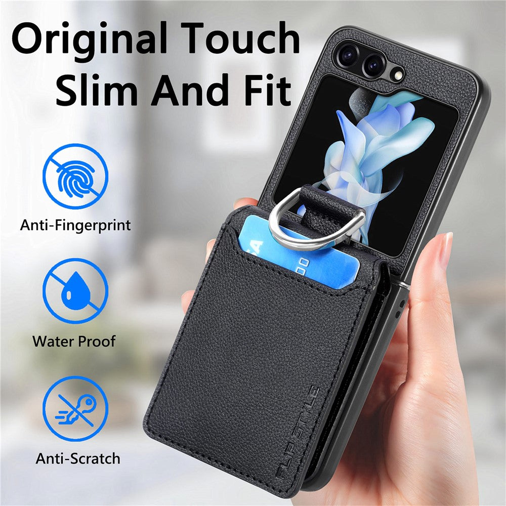 For Samsung Galaxy Z Flip5 5G Litchi Texture PU Leather+PC Phone Case Card Slot Kickstand Cover with Finger Ring