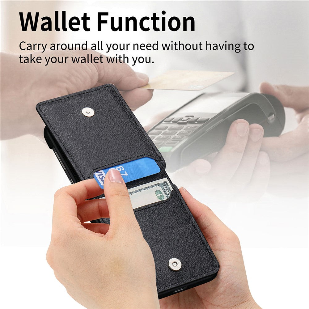 For Samsung Galaxy Z Flip5 5G Litchi Texture PU Leather+PC Phone Case Card Slot Kickstand Cover with Finger Ring