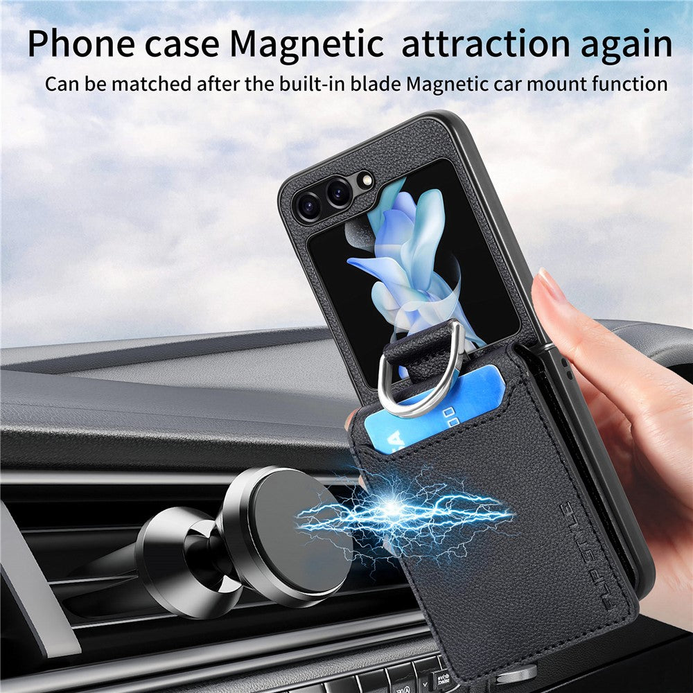 For Samsung Galaxy Z Flip5 5G Litchi Texture PU Leather+PC Phone Case Card Slot Kickstand Cover with Finger Ring