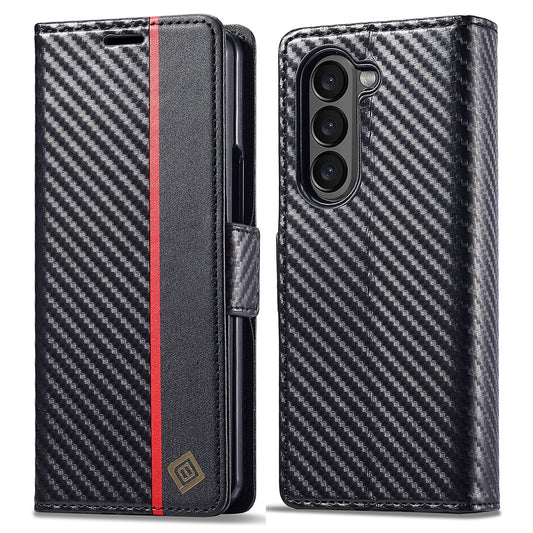 Galaxy Z Fold5 5G – Wallet-Handyhülle aus PU-Leder und TPU, mit Ständer, in Carbonfaser-Optik