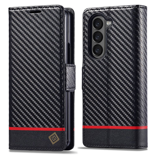 Galaxy Z Fold5 5G – Wallet-Handyhülle aus PU-Leder und TPU, mit Ständer, in Carbonfaser-Optik
