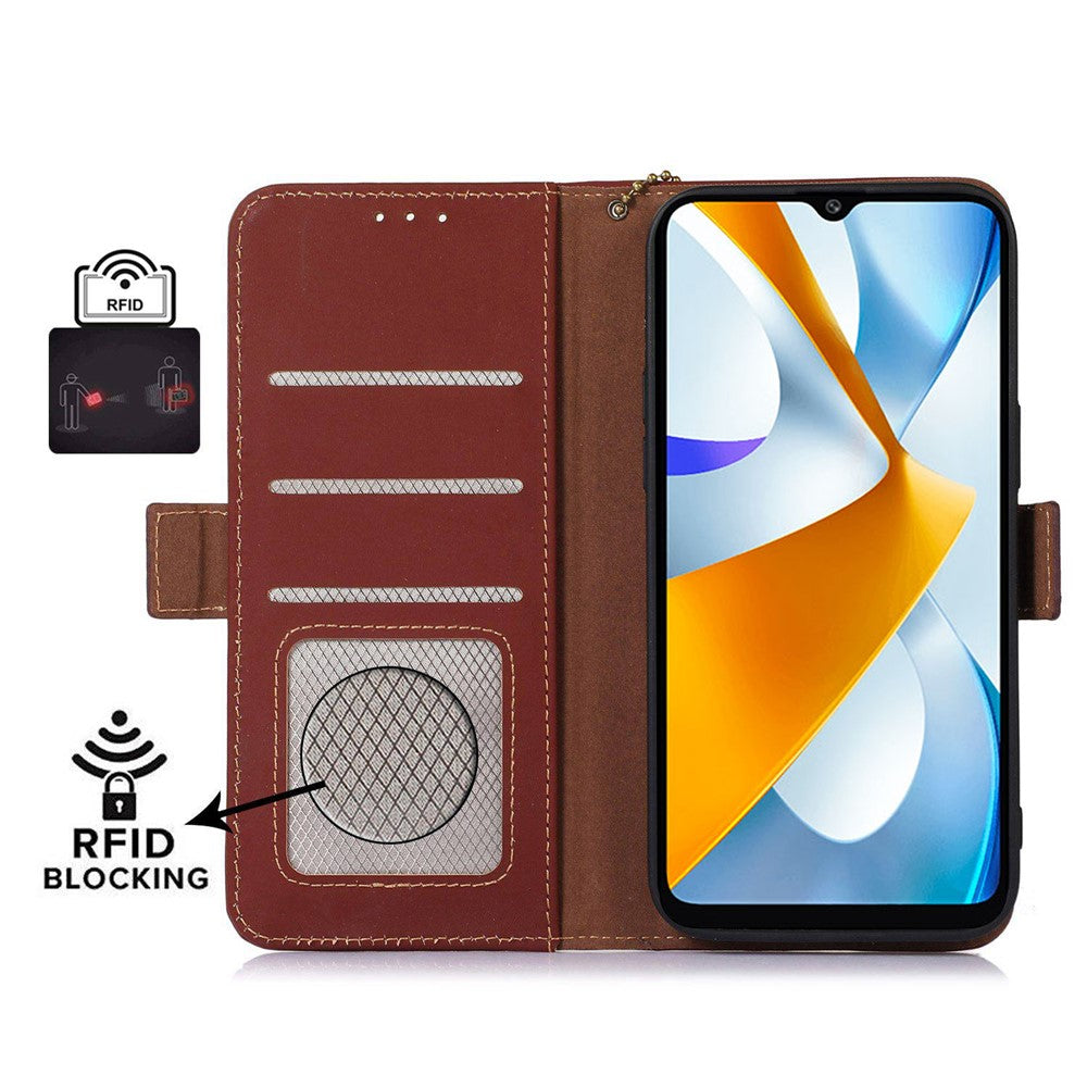 Stand Cover for Xiaomi Redmi 12 4G Genuine Cow Leather+TPU RFID Blocking Wallet Phone Case