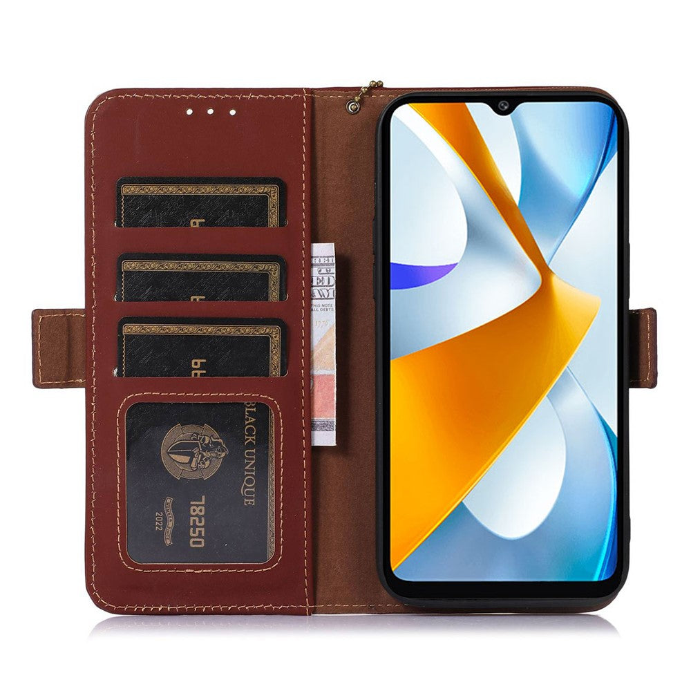 Stand Cover for Xiaomi Redmi 12 4G Genuine Cow Leather+TPU RFID Blocking Wallet Phone Case