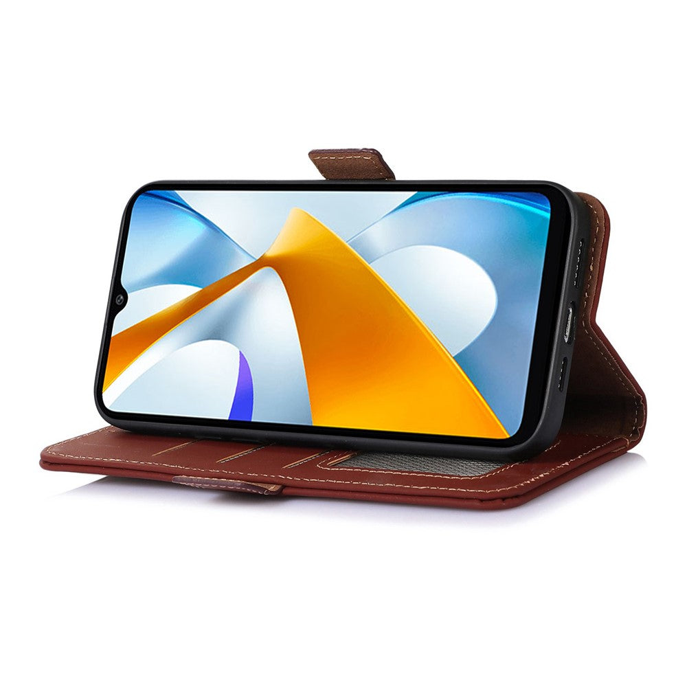 Stand Cover for Xiaomi Redmi 12 4G Genuine Cow Leather+TPU RFID Blocking Wallet Phone Case