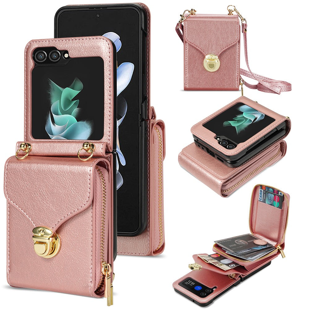 For Samsung Galaxy Z Flip5 5G PU Leather Coated TPU+PC Phone Case Zipper Pocket Card Slot Cover with Shoulder Strap