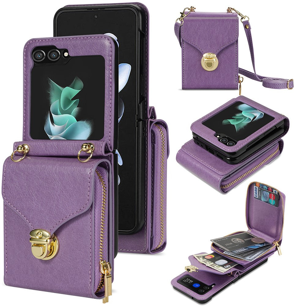 For Samsung Galaxy Z Flip5 5G PU Leather Coated TPU+PC Phone Case Zipper Pocket Card Slot Cover with Shoulder Strap