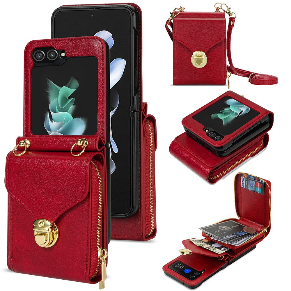 For Samsung Galaxy Z Flip5 5G PU Leather Coated TPU+PC Phone Case Zipper Pocket Card Slot Cover with Shoulder Strap