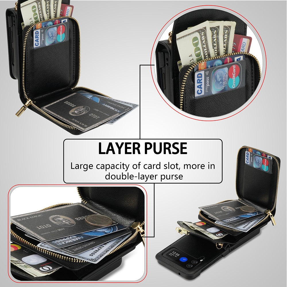 For Samsung Galaxy Z Flip5 5G PU Leather Coated TPU+PC Phone Case Zipper Pocket Card Slot Cover with Shoulder Strap