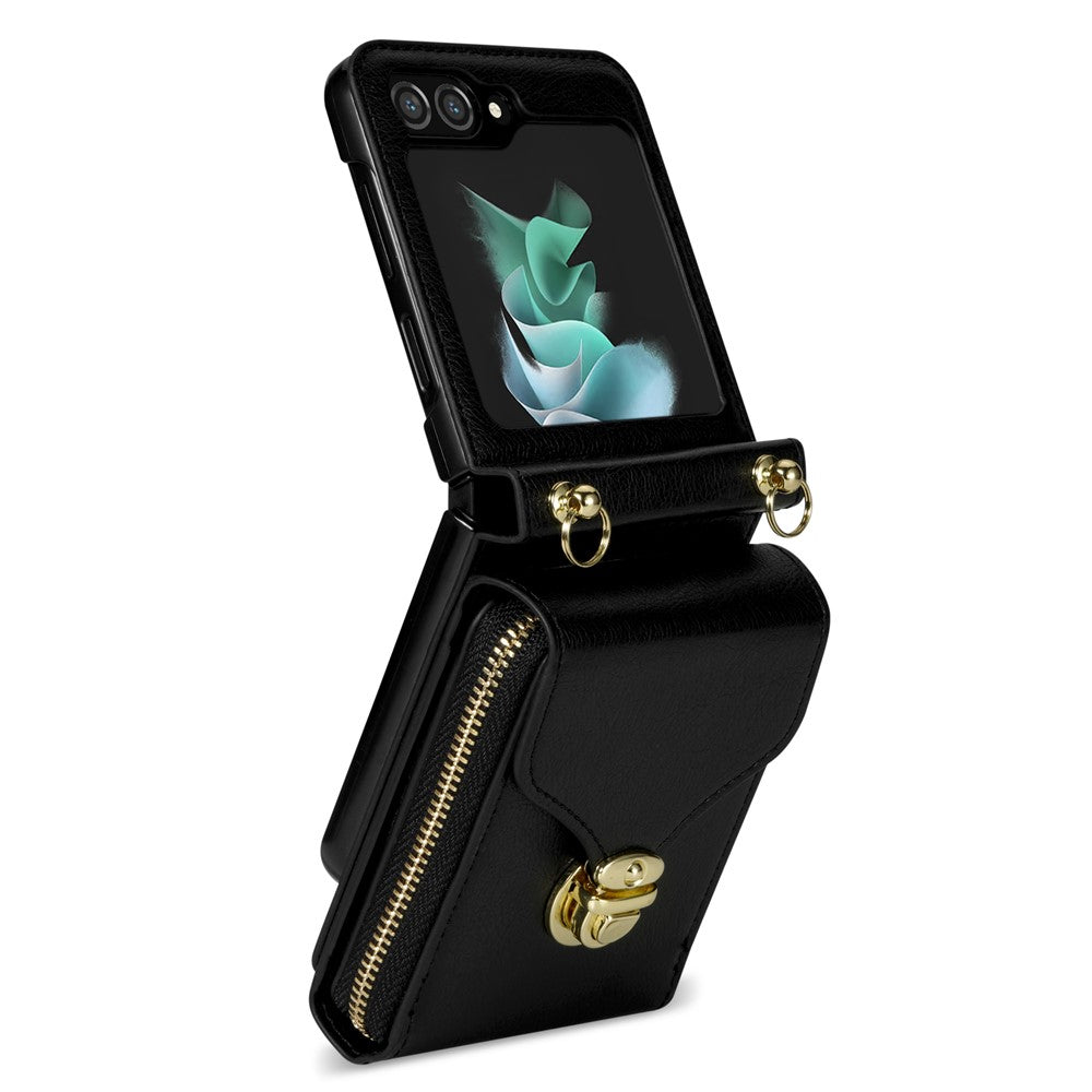For Samsung Galaxy Z Flip5 5G PU Leather Coated TPU+PC Phone Case Zipper Pocket Card Slot Cover with Shoulder Strap