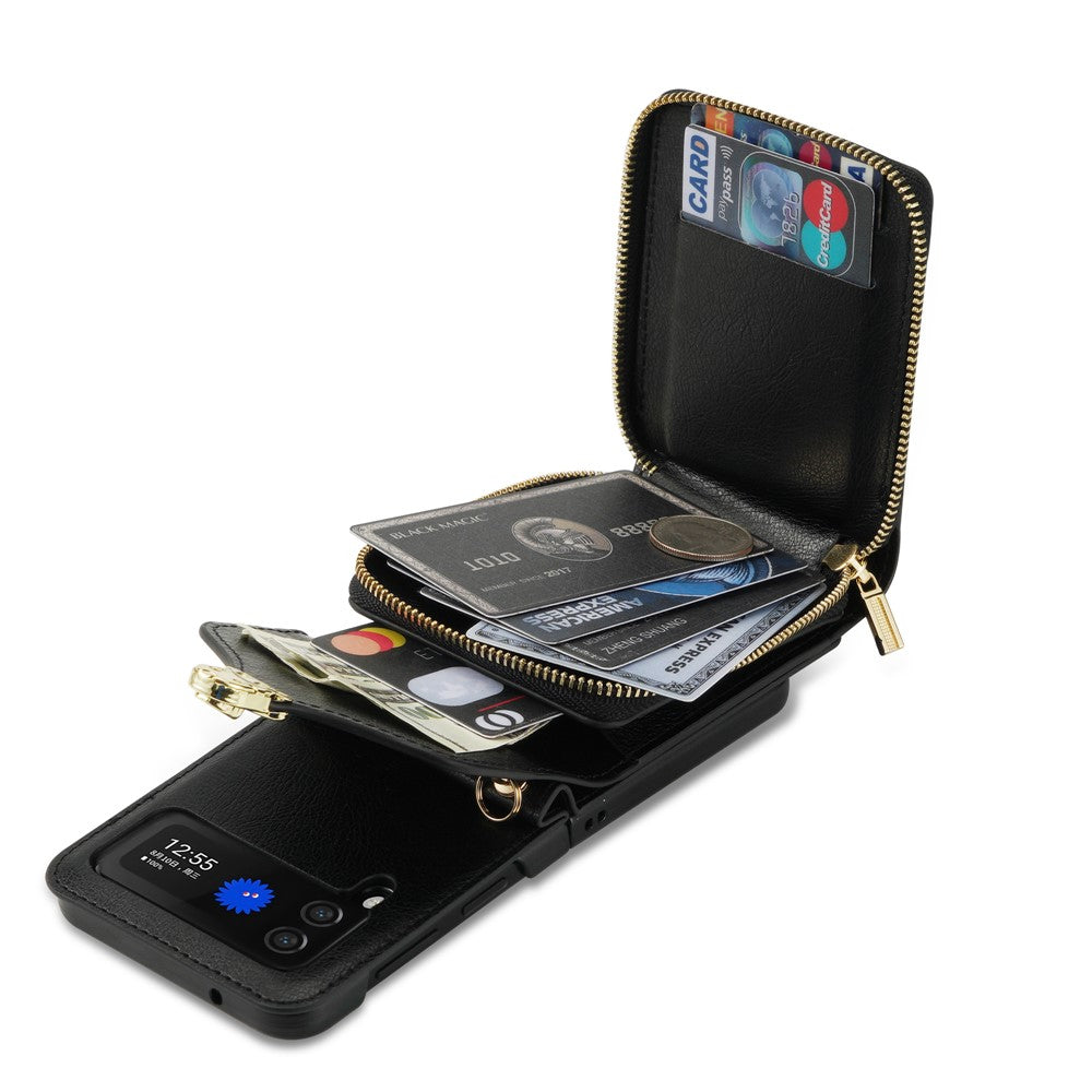 For Samsung Galaxy Z Flip5 5G PU Leather Coated TPU+PC Phone Case Zipper Pocket Card Slot Cover with Shoulder Strap