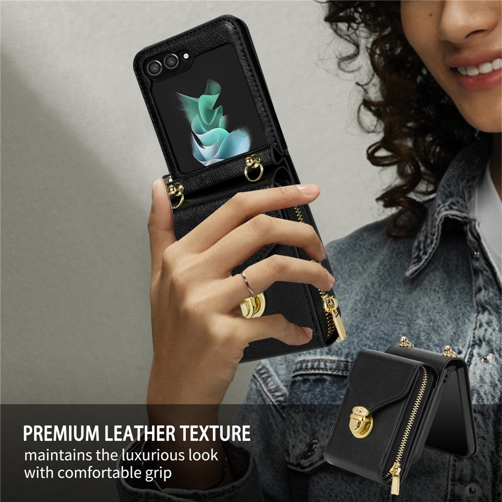 For Samsung Galaxy Z Flip5 5G PU Leather Coated TPU+PC Phone Case Zipper Pocket Card Slot Cover with Shoulder Strap