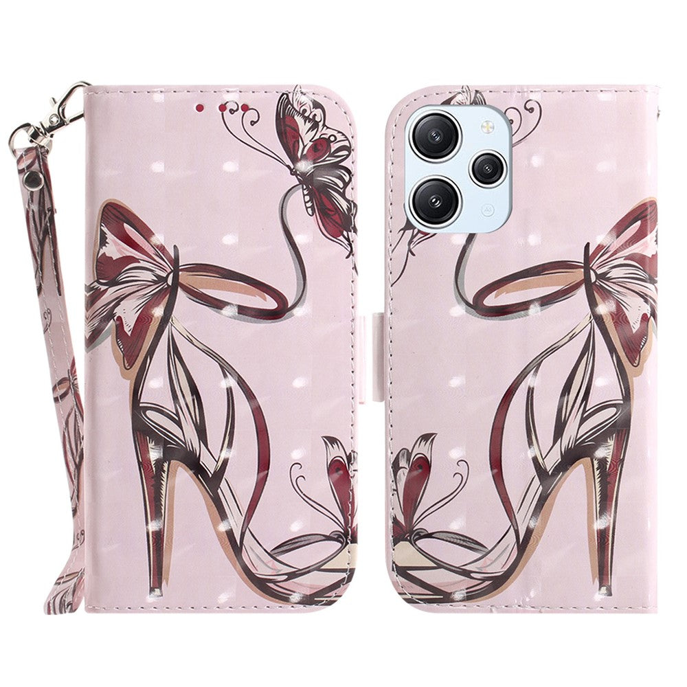 Wallet Phone Case for Xiaomi Redmi 12 4G , 3D Pattern Printed PU Leather Stand Cover with Strap