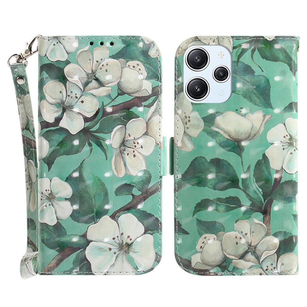 Wallet Phone Case for Xiaomi Redmi 12 4G , 3D Pattern Printed PU Leather Stand Cover with Strap