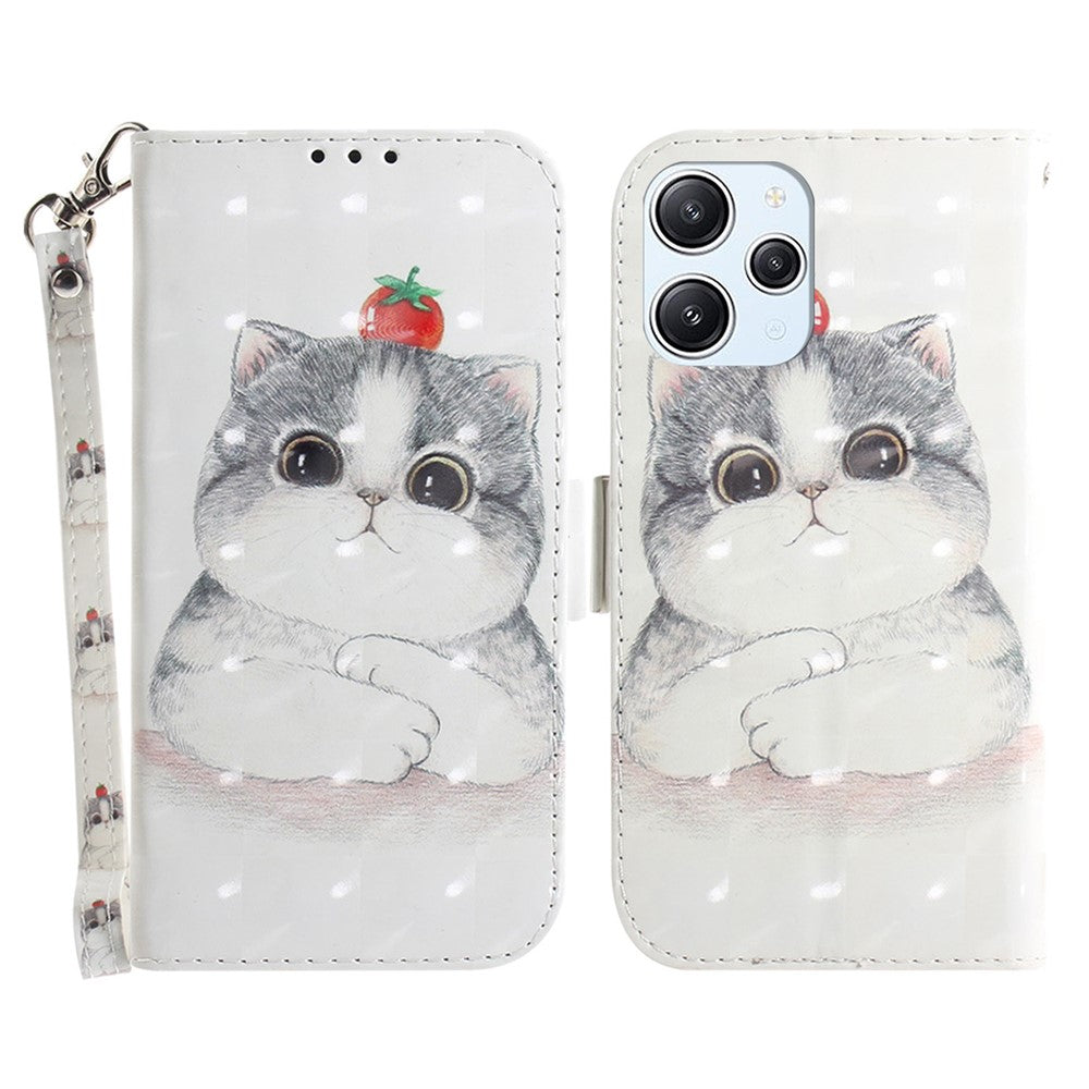 Wallet Phone Case for Xiaomi Redmi 12 4G , 3D Pattern Printed PU Leather Stand Cover with Strap