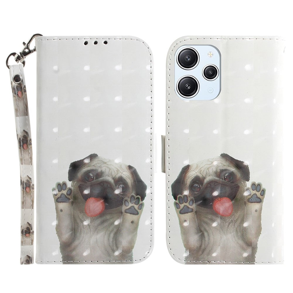 Wallet Phone Case for Xiaomi Redmi 12 4G , 3D Pattern Printed PU Leather Stand Cover with Strap