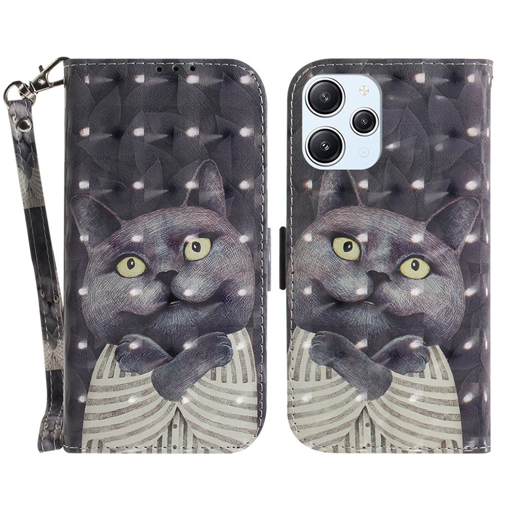 Wallet Phone Case for Xiaomi Redmi 12 4G , 3D Pattern Printed PU Leather Stand Cover with Strap