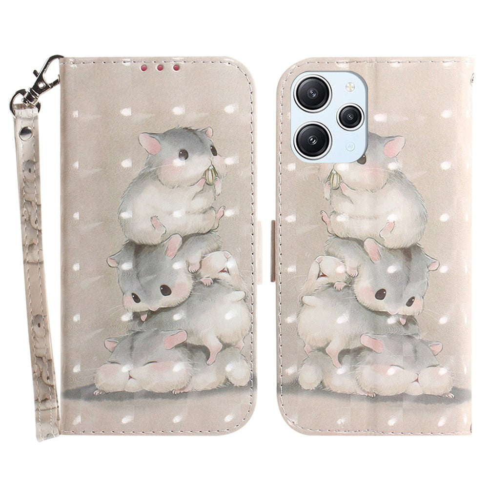 Wallet Phone Case for Xiaomi Redmi 12 4G , 3D Pattern Printed PU Leather Stand Cover with Strap