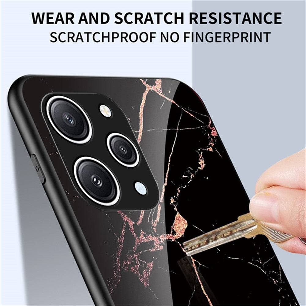 For Xiaomi Redmi 12 4G Shockproof Hybrid Case Tempered Glass+ PC+TPU Marble Pattern Phone Cover