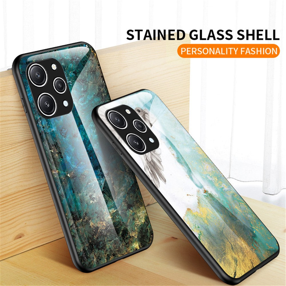 For Xiaomi Redmi 12 4G Shockproof Hybrid Case Tempered Glass+ PC+TPU Marble Pattern Phone Cover
