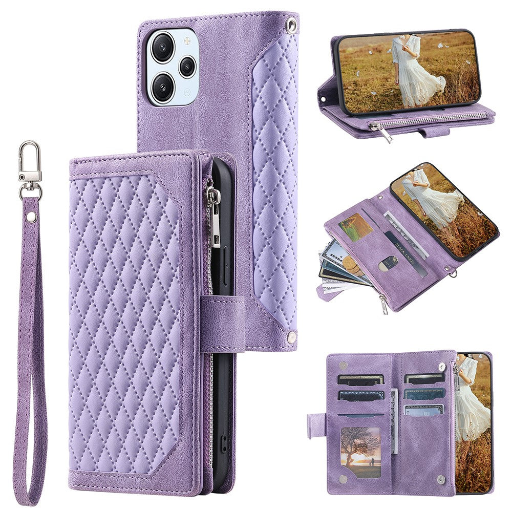 For Xiaomi Redmi 12 4G Phone Case PU Leather Shell Rhombus Pattern Imprinted Zipper Pocket Wallet Stand Cover