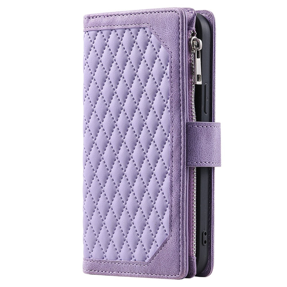 For Xiaomi Redmi 12 4G Phone Case PU Leather Shell Rhombus Pattern Imprinted Zipper Pocket Wallet Stand Cover