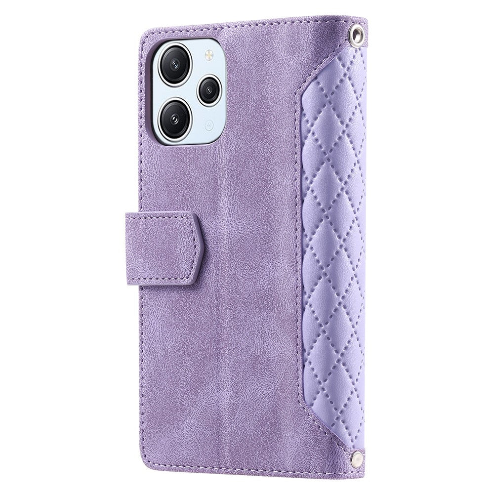 For Xiaomi Redmi 12 4G Phone Case PU Leather Shell Rhombus Pattern Imprinted Zipper Pocket Wallet Stand Cover