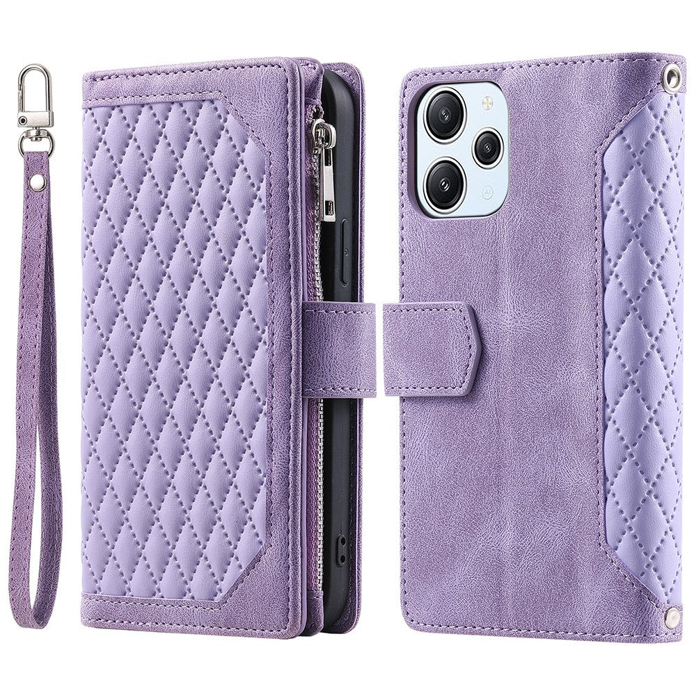 For Xiaomi Redmi 12 4G Phone Case PU Leather Shell Rhombus Pattern Imprinted Zipper Pocket Wallet Stand Cover