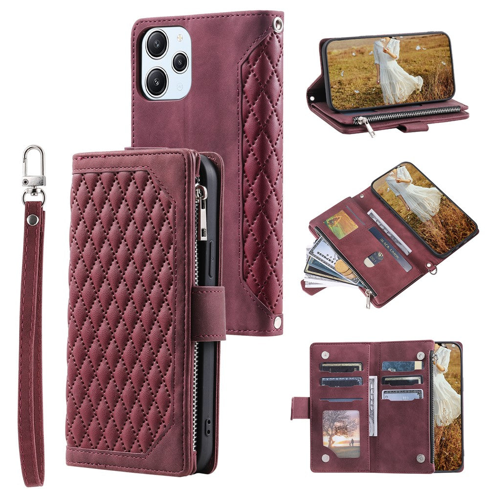 For Xiaomi Redmi 12 4G Phone Case PU Leather Shell Rhombus Pattern Imprinted Zipper Pocket Wallet Stand Cover