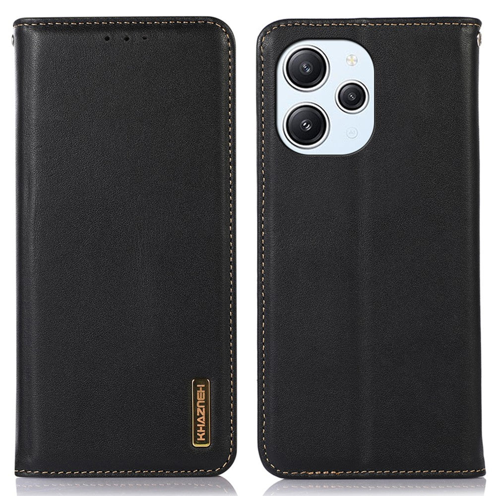 KHAZNEH For Xiaomi Redmi 12 4G Nappa Texture Genuine Cow Leather Wallet Case RFID Blocking Stand Cover