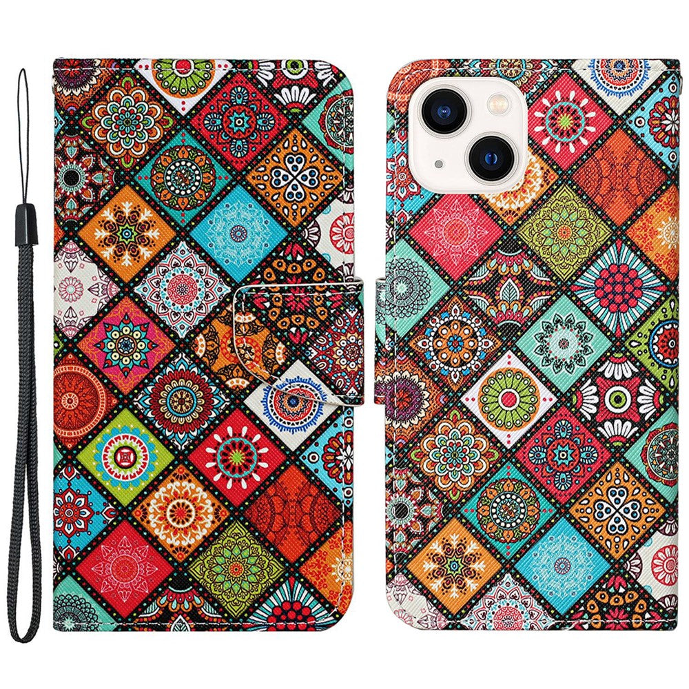 iPhone 15 Wallet-Hülle – Musterdruck, mit Ständer & Riemen