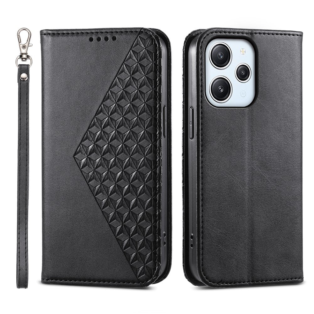 For Xiaomi Redmi 12 4G Leather Phone Case Anti-fall Imprinted Rhombus Pattern Wallet Stand Cover