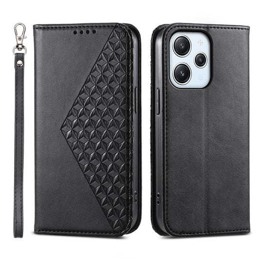 For Xiaomi Redmi 12 4G Leather Phone Case Anti-fall Imprinted Rhombus Pattern Wallet Stand Cover