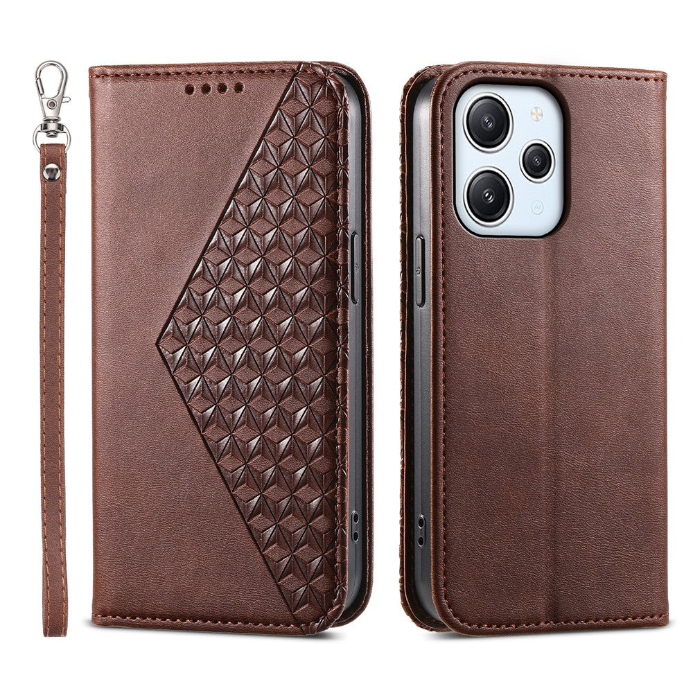 For Xiaomi Redmi 12 4G Leather Phone Case Anti-fall Imprinted Rhombus Pattern Wallet Stand Cover