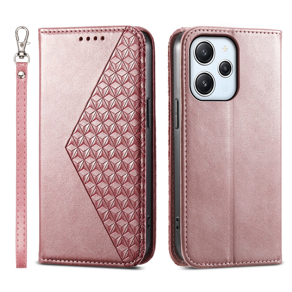For Xiaomi Redmi 12 4G Leather Phone Case Anti-fall Imprinted Rhombus Pattern Wallet Stand Cover