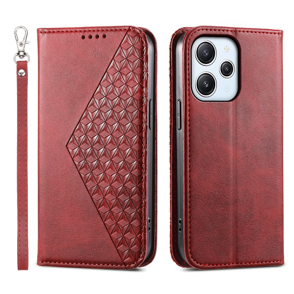 For Xiaomi Redmi 12 4G Leather Phone Case Anti-fall Imprinted Rhombus Pattern Wallet Stand Cover