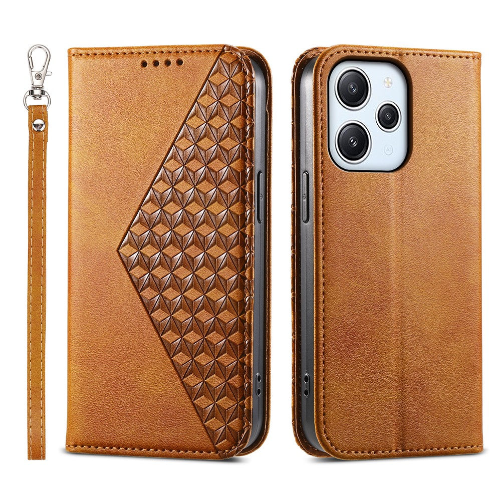 For Xiaomi Redmi 12 4G Leather Phone Case Anti-fall Imprinted Rhombus Pattern Wallet Stand Cover