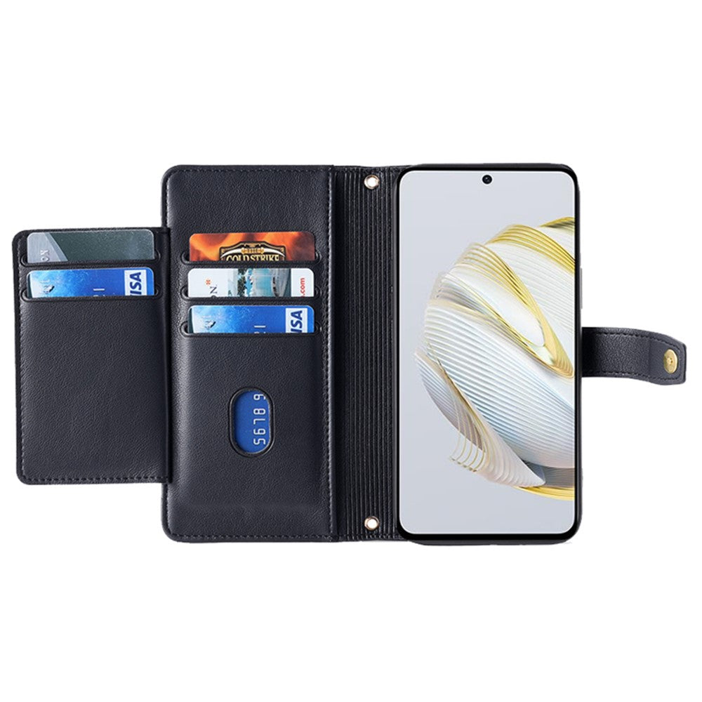 For Honor 90 Zipper Pocket Phone Leather Case Multiple Card Slots Anti-Drop Cover with Straps