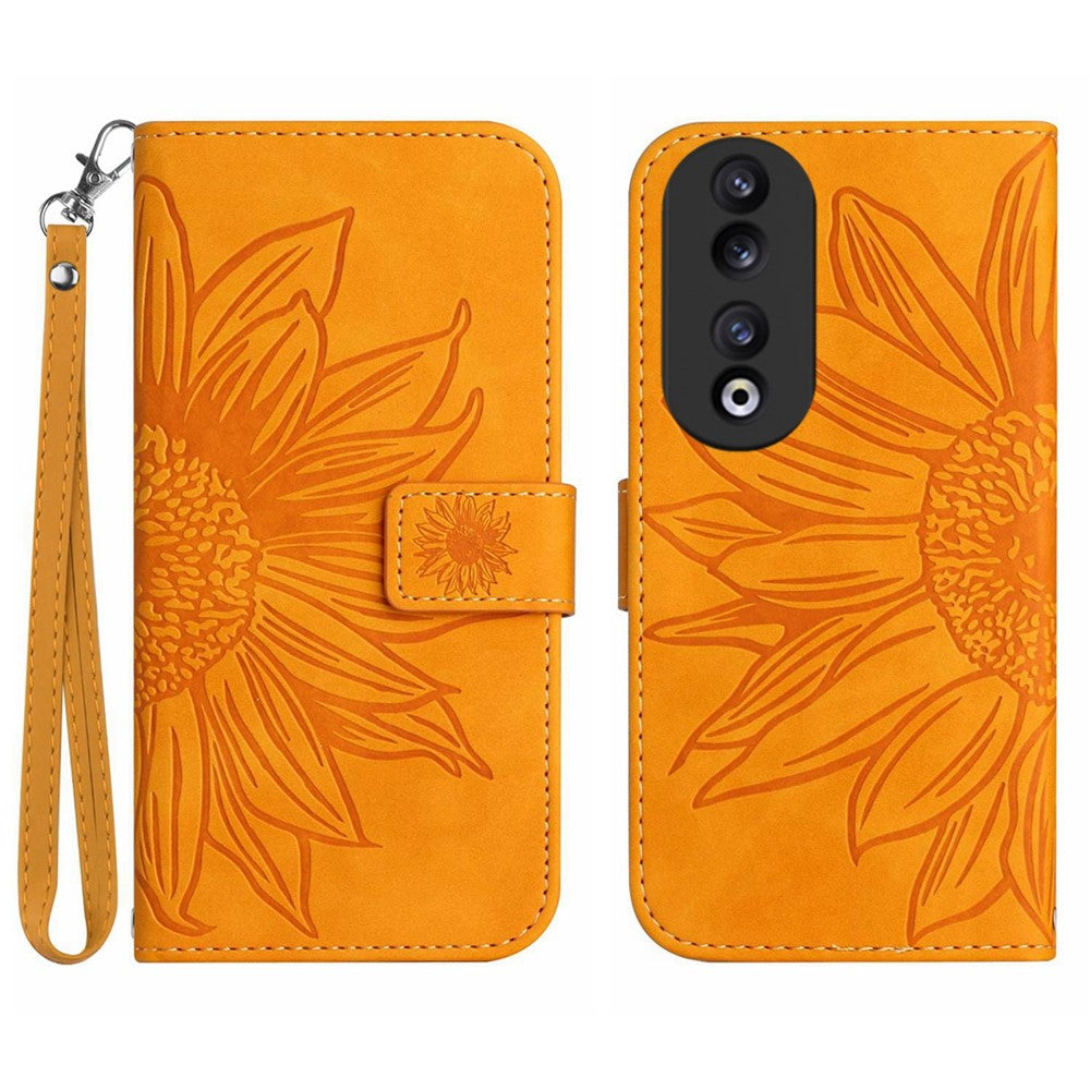 HT04 Sunflower Pattern Leather Case for Honor 90 , Wallet Stand Phone Cover with Hand Strap