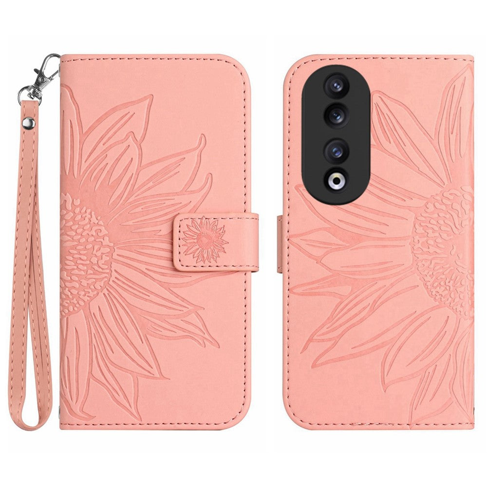 HT04 Sunflower Pattern Leather Case for Honor 90 , Wallet Stand Phone Cover with Hand Strap