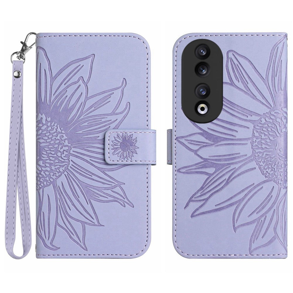 HT04 Sunflower Pattern Leather Case for Honor 90 , Wallet Stand Phone Cover with Hand Strap