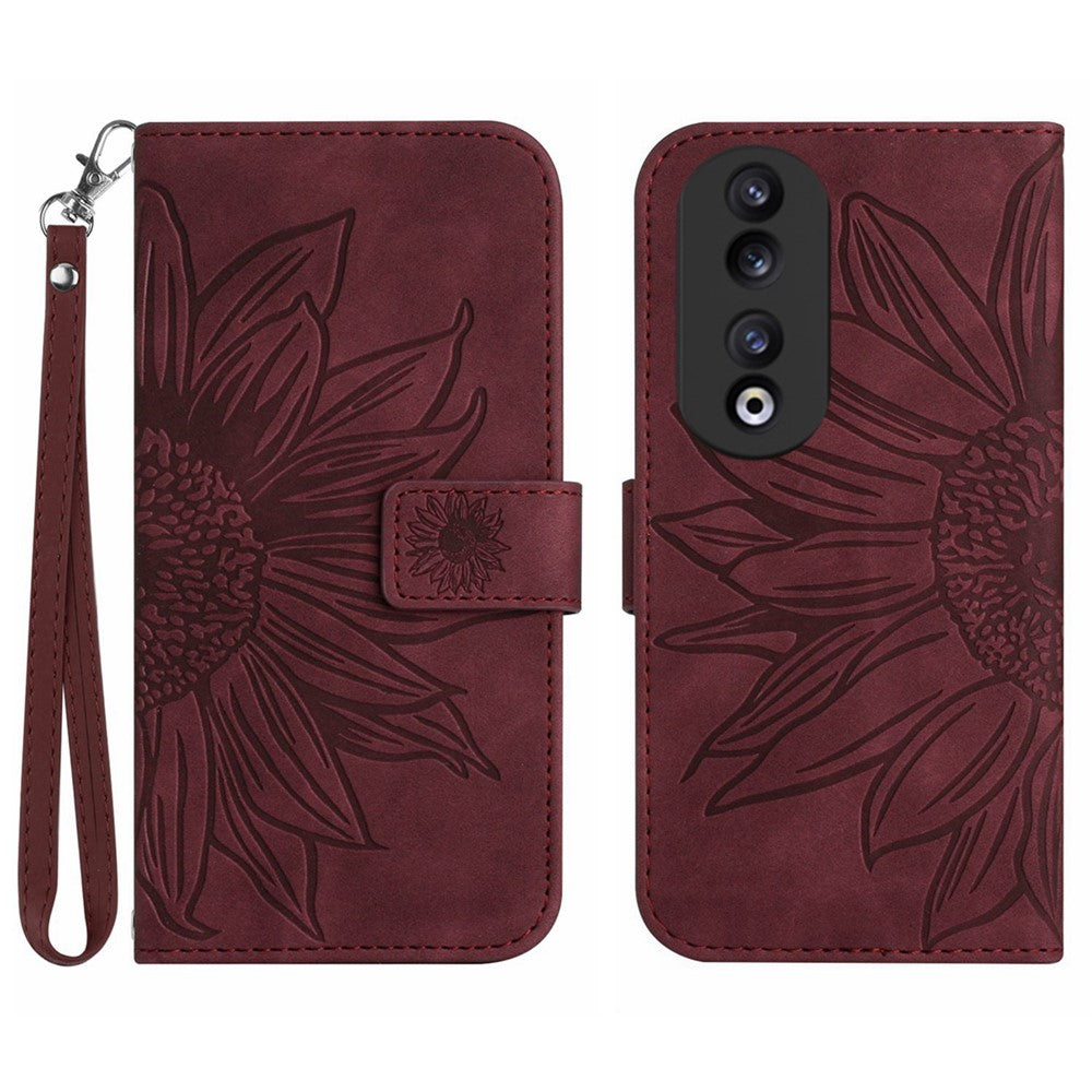 HT04 Sunflower Pattern Leather Case for Honor 90 , Wallet Stand Phone Cover with Hand Strap